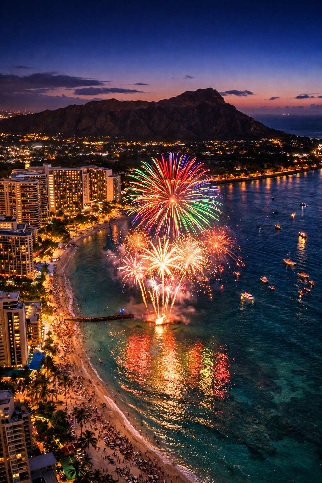 Aerial view of Waikiki fireworks over Diamond Head