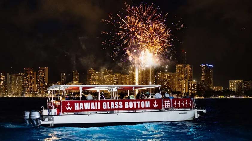 Glass bottom boat Waikiki reef fireworks