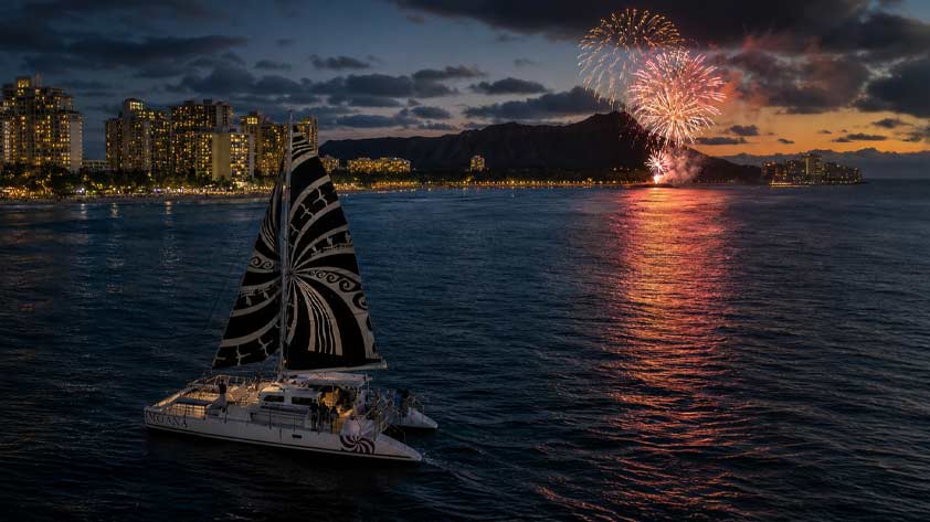 Moana catamaran Waikiki sunset fireworks sail